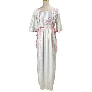 Vintage 1970s Retro Louisa White Peasant House Dress Red Striped Trim Medium USA